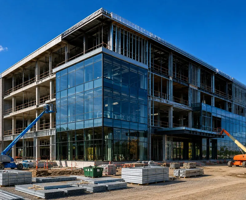 Commercial building under construction with glass curtain wall and pallets of materials on site