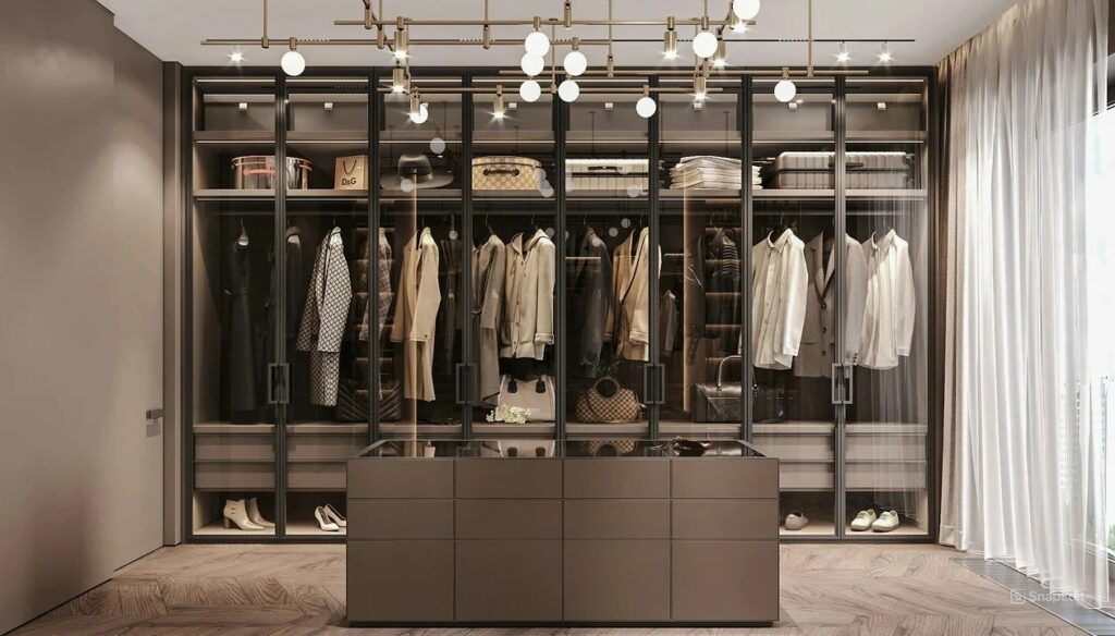 L Shape Sliding Door Glass Double Wardrobe with Light