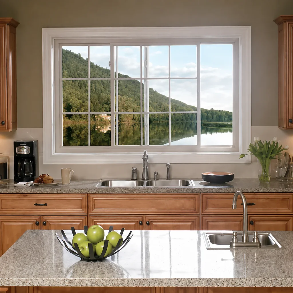Kitchen window with white grid frame above a granite countertop and double sink