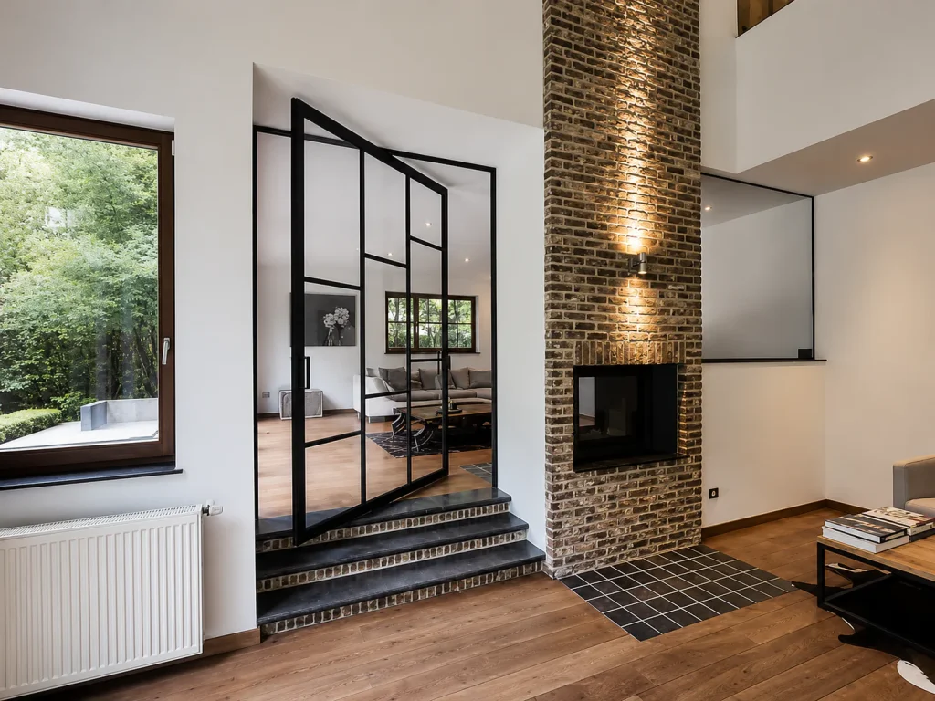 Black steel-framed pivot glass door in a living room next to a brick fireplace
