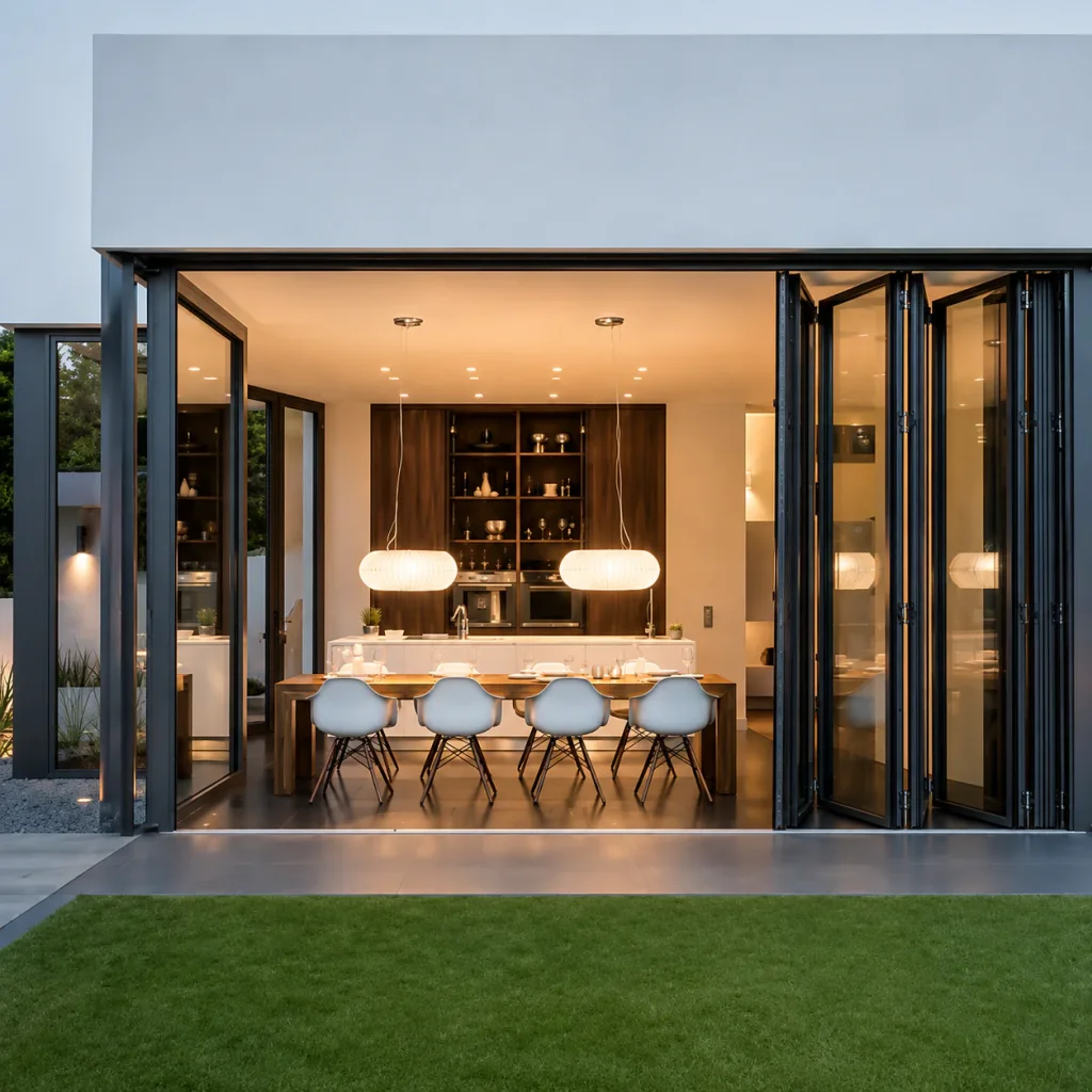 Open bi-fold glass doors revealing a lit dining room from the lawn at dusk