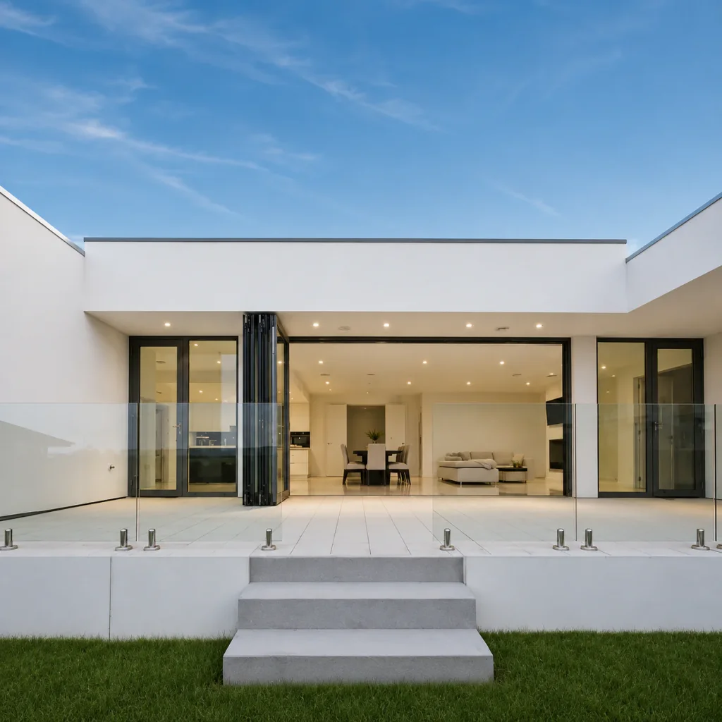Wide black-framed glass doors on a white single-story home with glass balustrade terrace