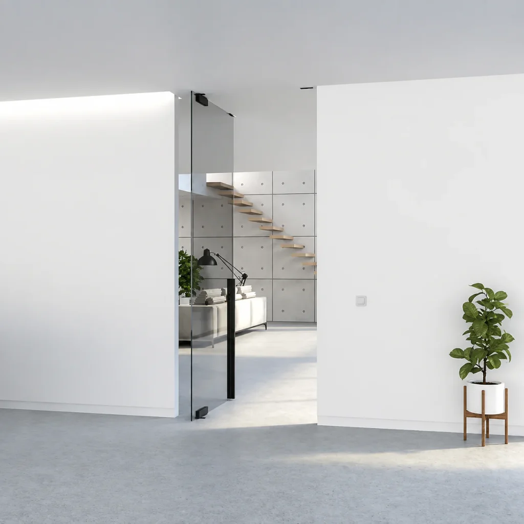 Frameless glass pivot door with black handle in a minimalist white interior