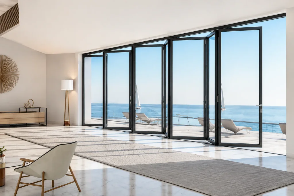 Black-framed folding glass doors facing the sea in a bright living room