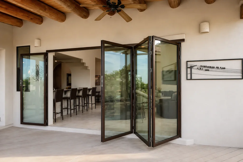 Black folding glass doors opening between two rooms with exposed wooden beams