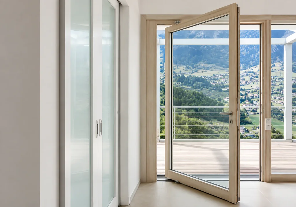 Light wood-framed glass pivot door opening onto a balcony with mountain views