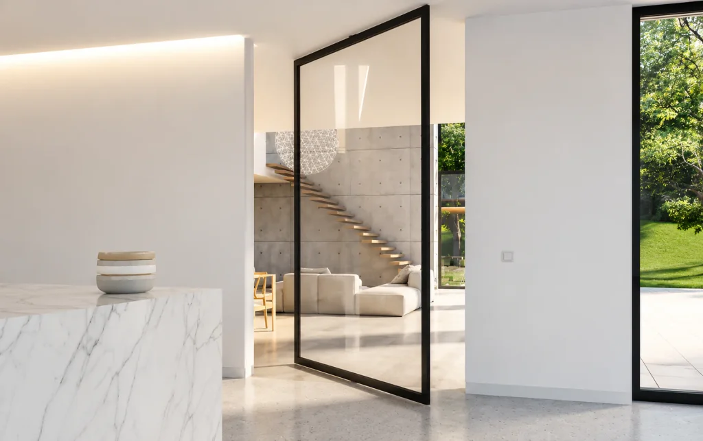Large black-framed glass pivot door in a white interior with marble island