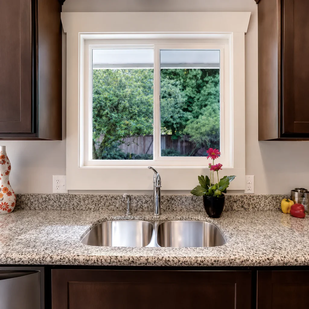 White sliding kitchen window above a granite countertop with stainless steel double sink