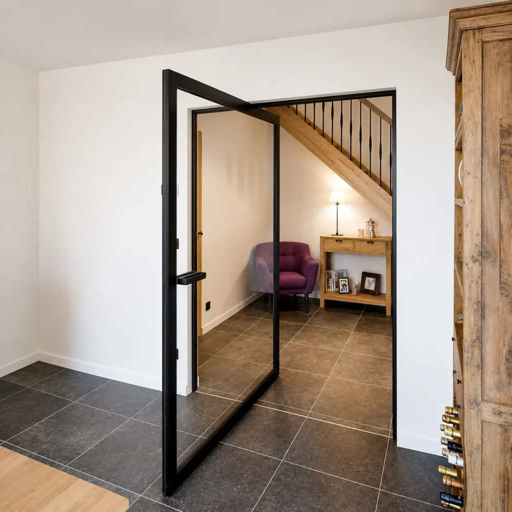 Black-framed glass pivot door opening to a room with a staircase