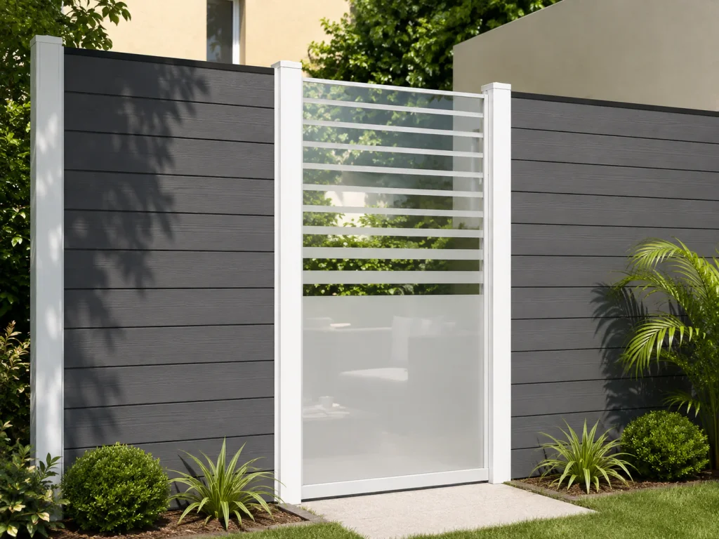 Gray horizontal composite fence with a white slatted gate