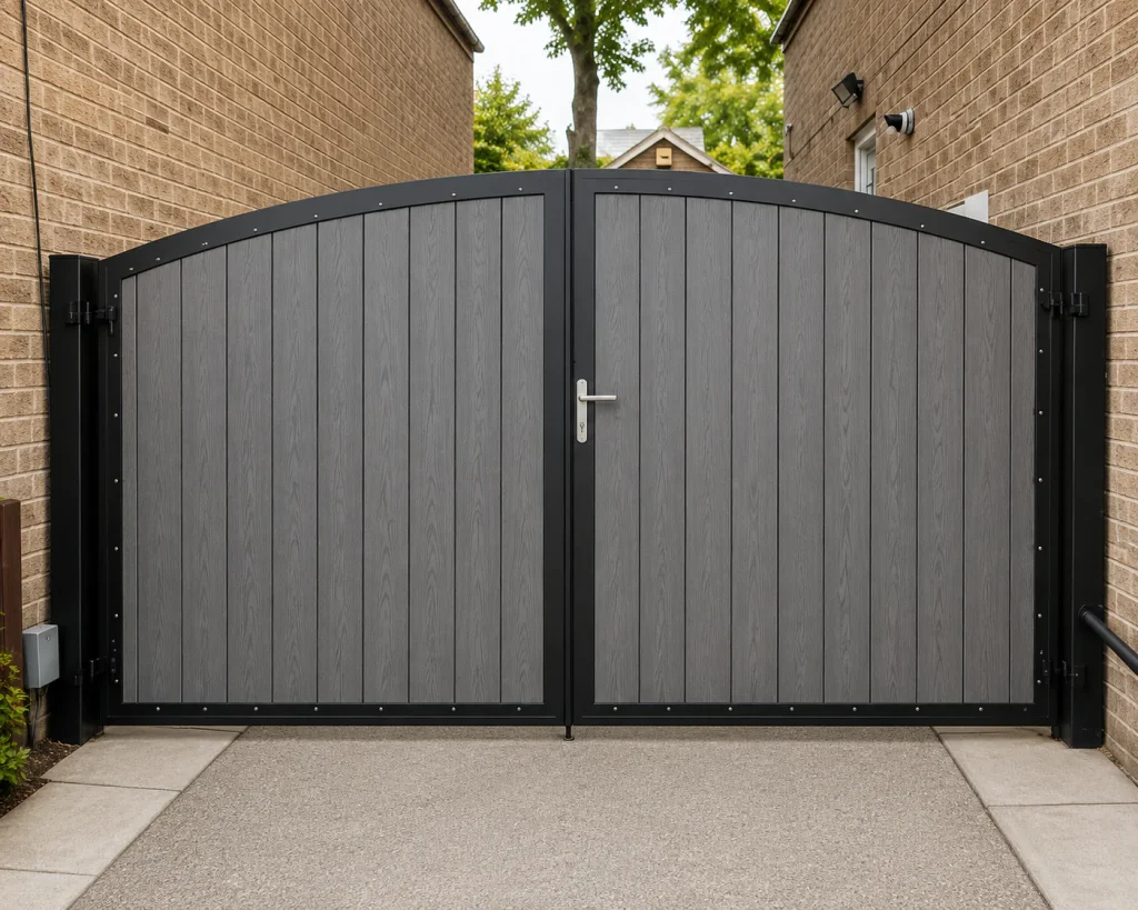 Arched gray composite double driveway gate in a black metal frame