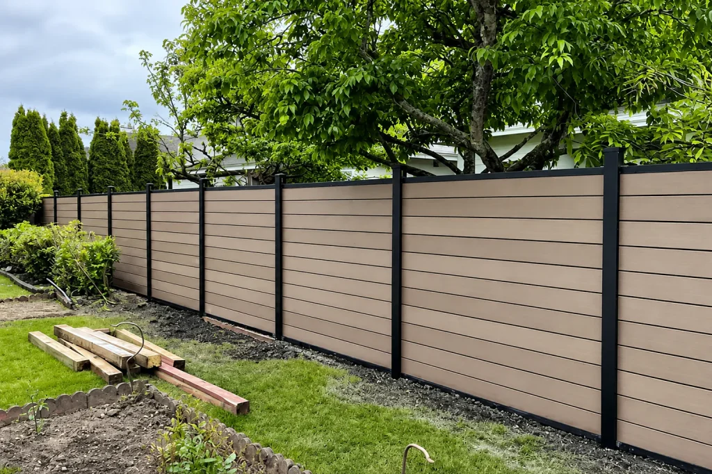Beige composite fence panels with black posts in a garden under installation