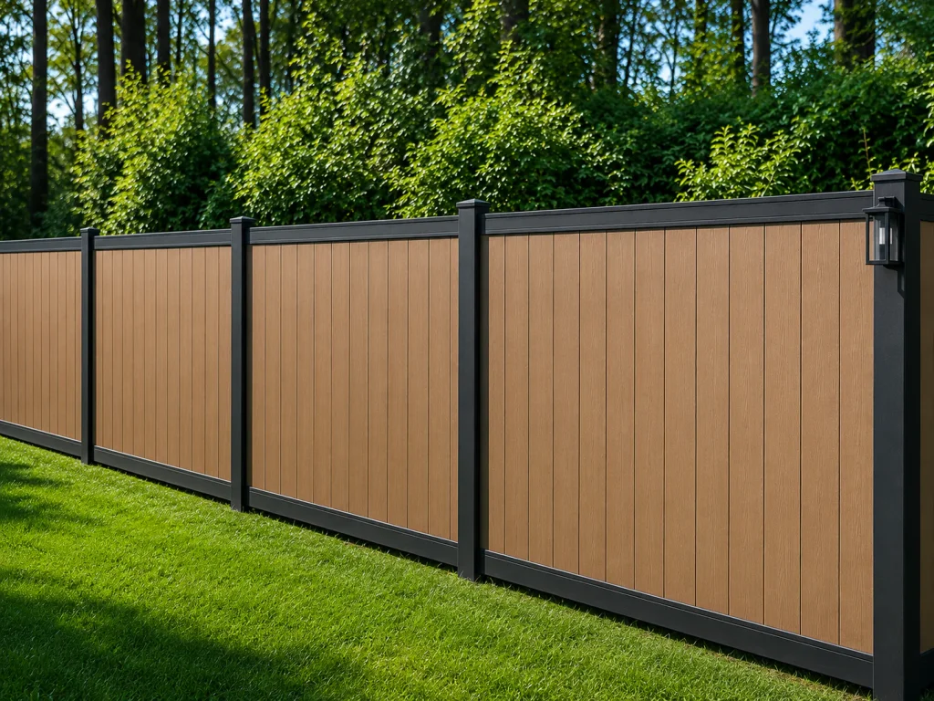 Wood-grain composite fence panels with black aluminum frames on a lawn