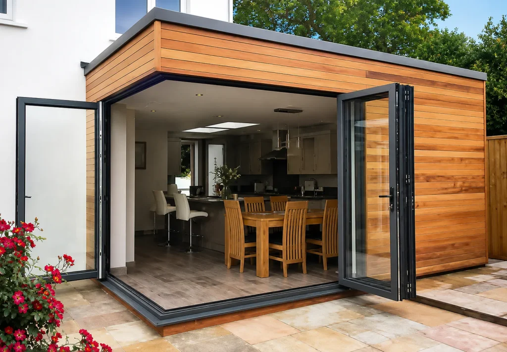 Black folding glass doors fully open at the corner of a wood-clad garden room
