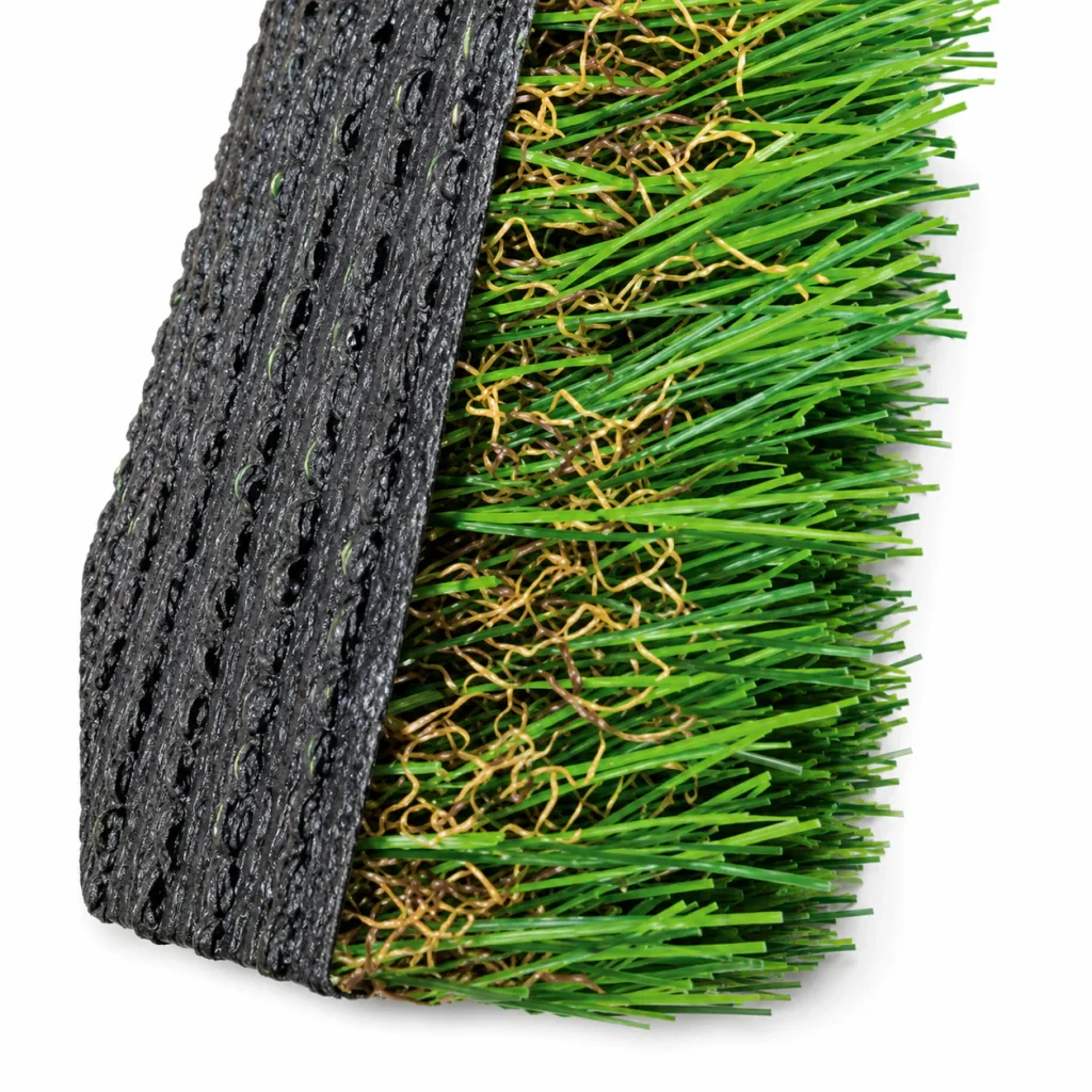Cross-section of artificial grass turf showing the backing and blades