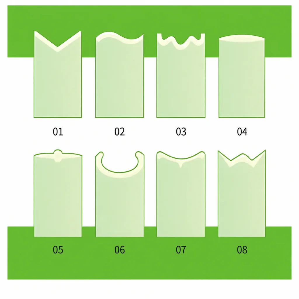 Diagram of eight artificial grass blade cross-section shapes