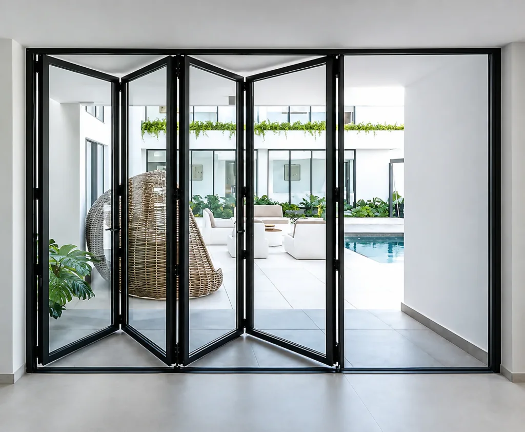 Black aluminum bi-fold glass doors opening onto a poolside patio