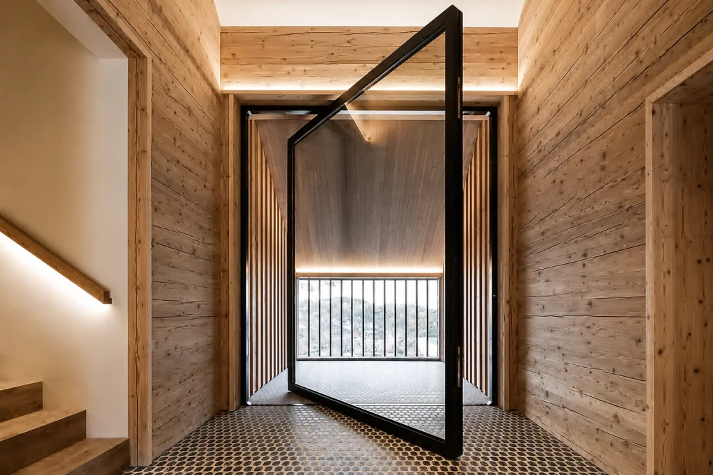 Black pivot glass door in a wood-paneled hallway