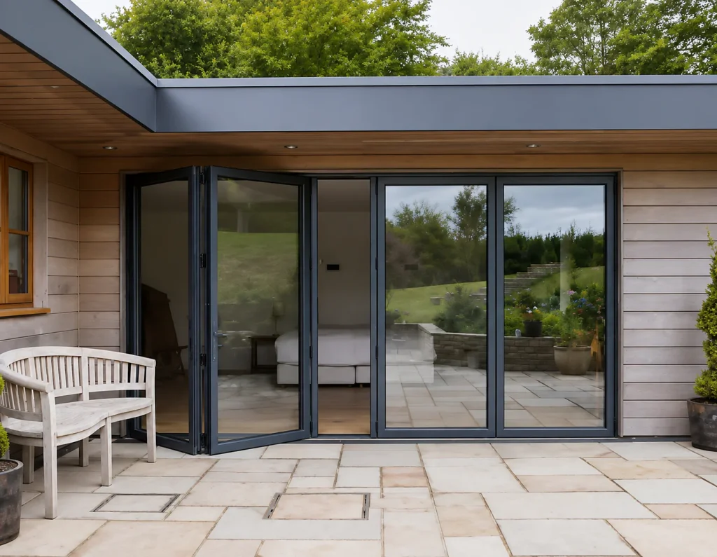 Black bi-fold glass doors on a wood-clad garden extension with a stone patio