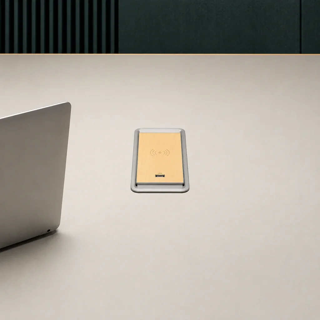 Modern conference room tables, close-up of the built-in tabletop power outlet