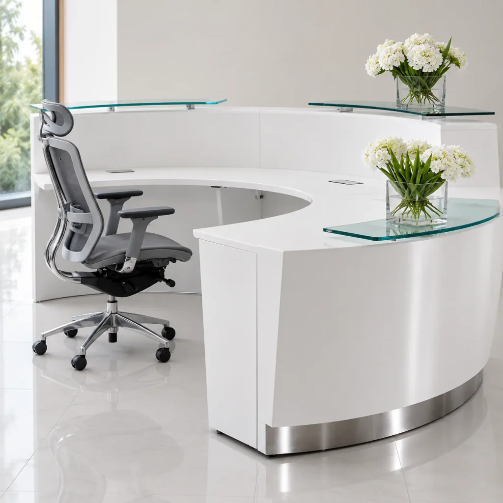 Round reception desk, white curved counter with glass shelf and office chair