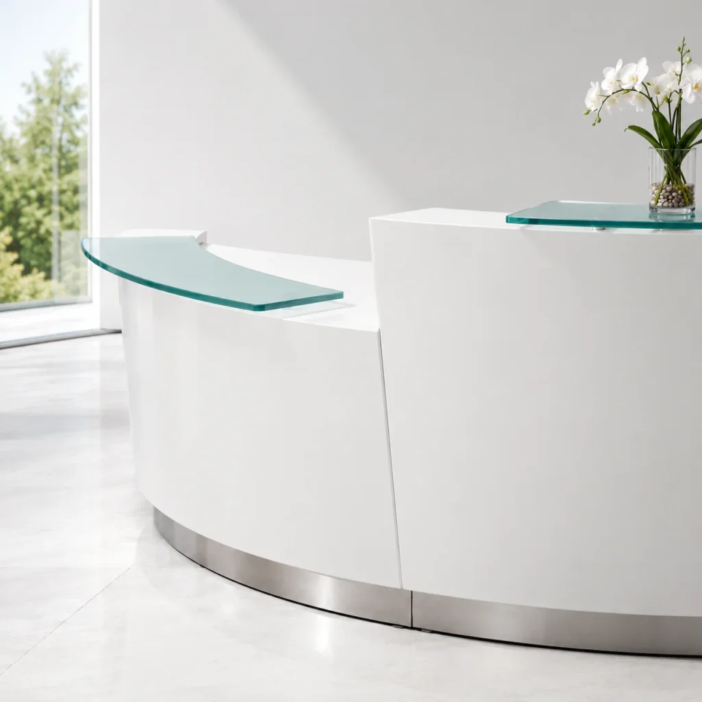 Round reception desk, white curved front with glass countertop and steel base