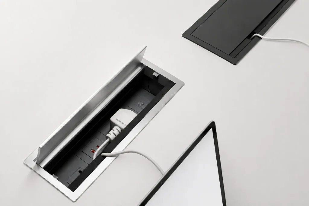 Round reception desk, close-up of the built-in cable management box