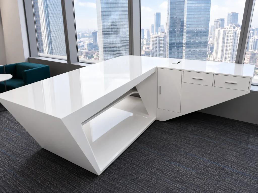 Curved Executive Desk with Side Return with side return cabinets in a city-view office