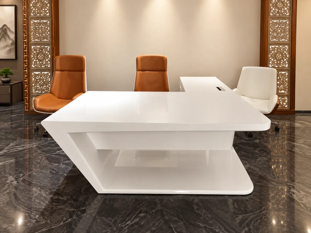 Curved Executive Desk with Side Return in white gloss with open shelf base and orange chairs