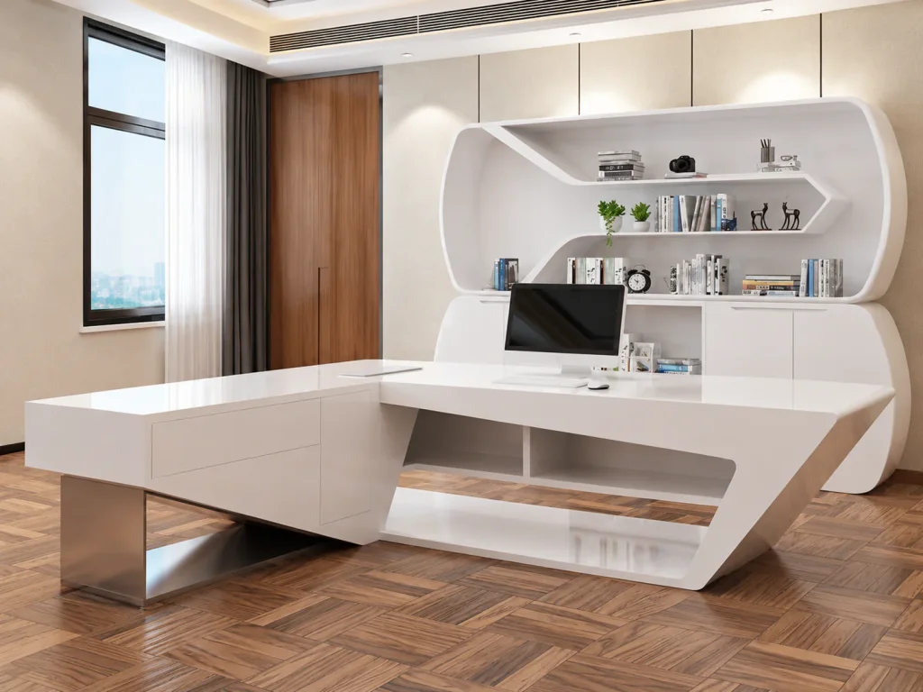 Curved Executive Desk with Side Return with curved white bookshelf behind it