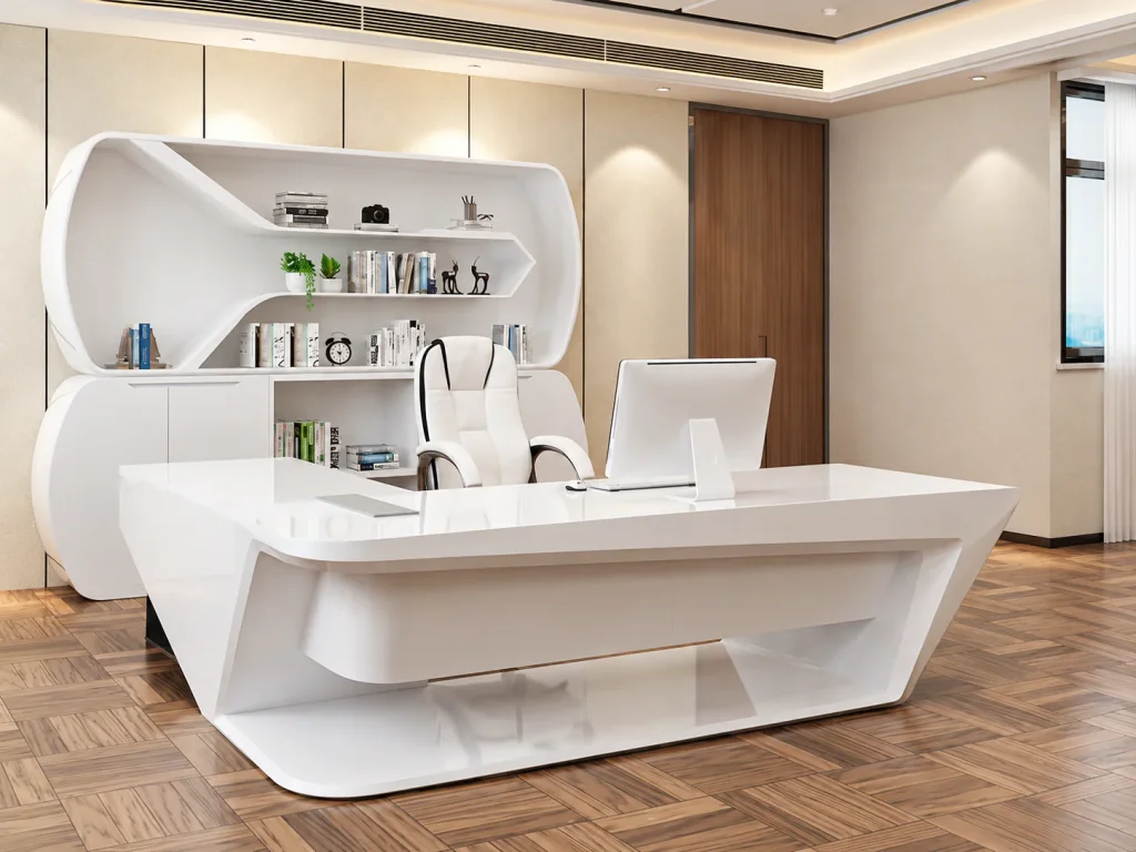 Curved Executive Desk with Side Return in a wood-floored office with a curved bookcase