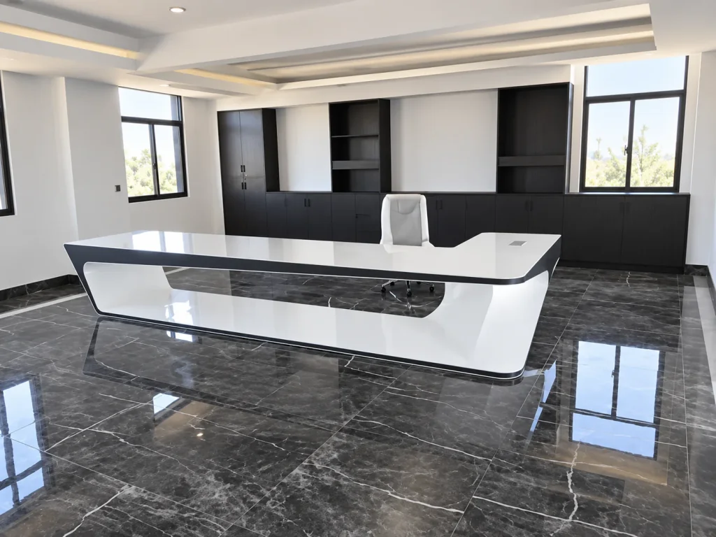 Curved Executive Office Desk in a large office with dark marble floor