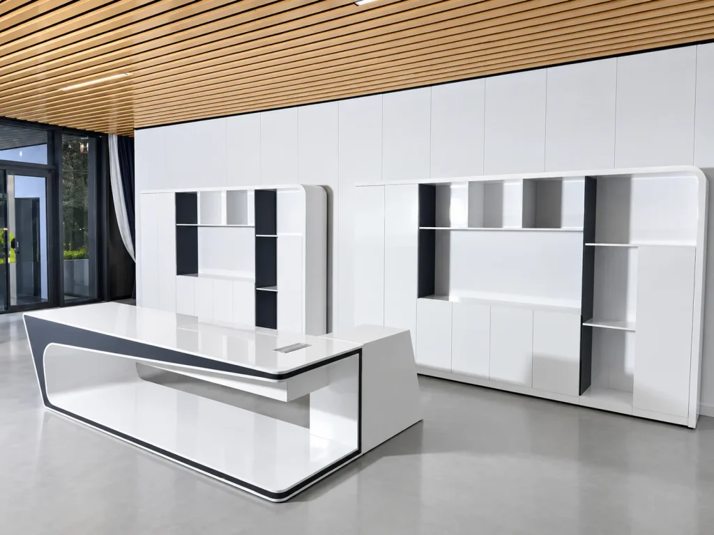Curved Executive Office Desk next to white storage cabinets