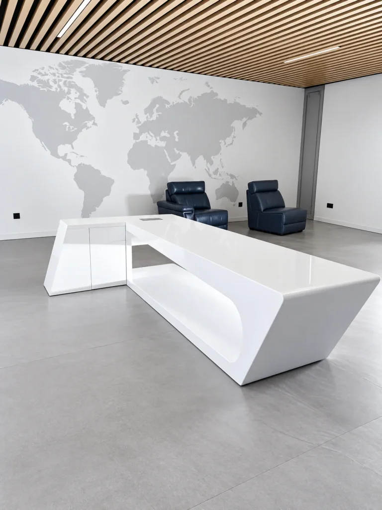 Curved Executive Office Desk in white in a lounge with a world map wall
