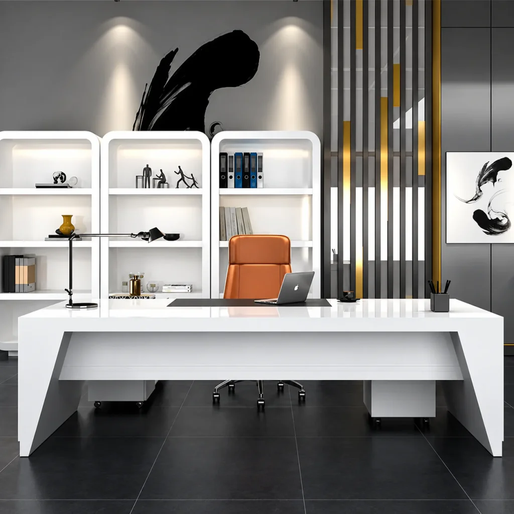 Executive Desk in front of white shelving and a slatted wall
