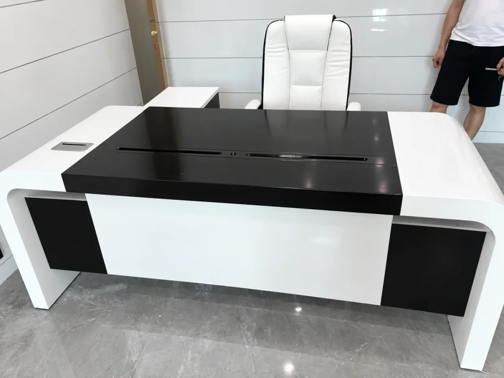 Executive Office Table with black and white front panel, front view