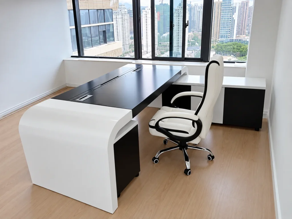 Executive Office Table in a city-view office, side view