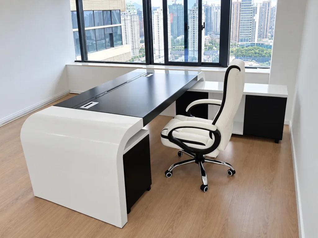 Executive Office Table with white curved end and black top in a bright office