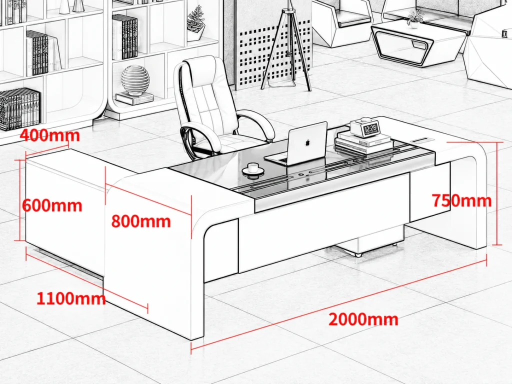 Executive Office Table dimensions: 2000 mm long, 750 mm high, with side return