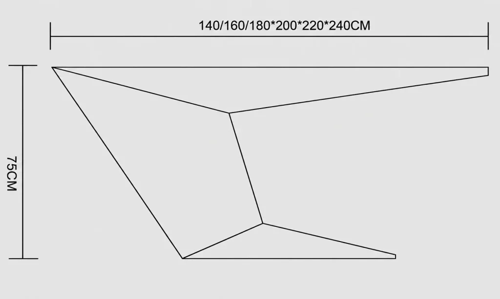 Geometric Z-Leg Office Desk dimension drawing: 140 to 240 cm wide, 75 cm high