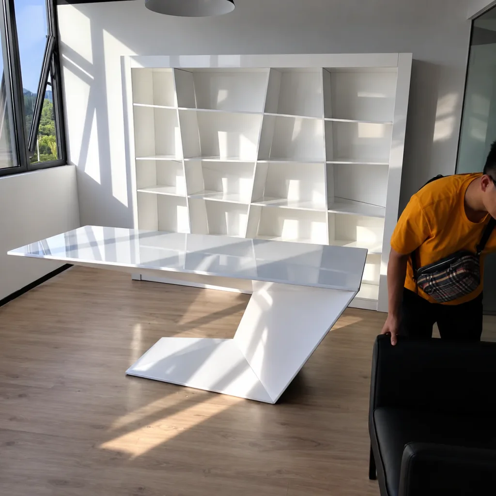 Geometric Z-Leg Office Desk in white in an office with white bookcase