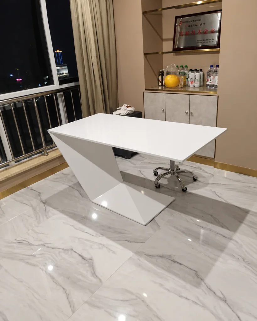 Geometric Z-Leg Office Desk in white on a marble floor
