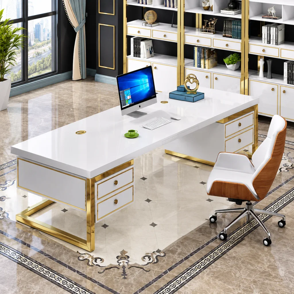 Gold Frame Executive Office Desk, working side with drawer pedestal
