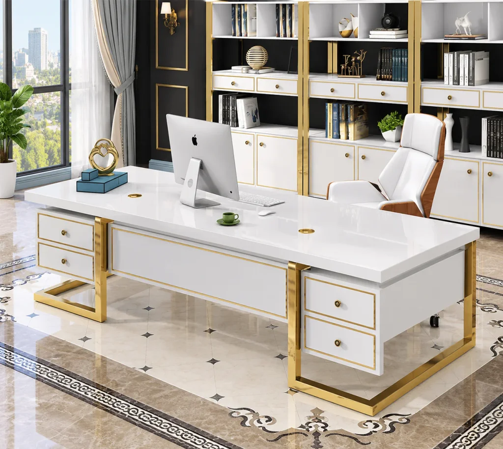 Gold Frame Executive Office Desk, angled front view with two-drawer pedestals at both ends