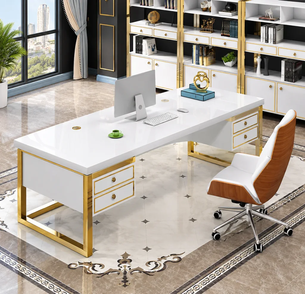 Gold Frame Executive Office Desk, elevated view of the working side and gold U-shaped legs