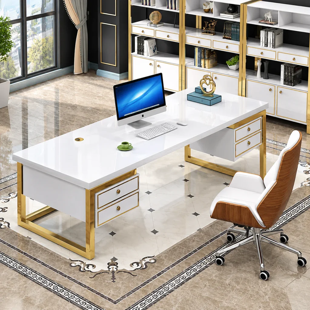 Gold Frame Executive Office Desk, high-angle view of the white desktop and side drawers
