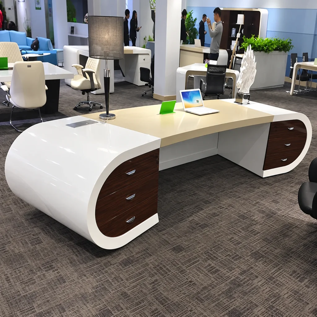 Google Desk with beige top and brown drawers in a showroom