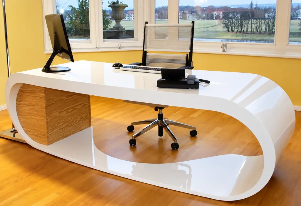 Google Desk in white gloss with wood-grain end in a sunny office