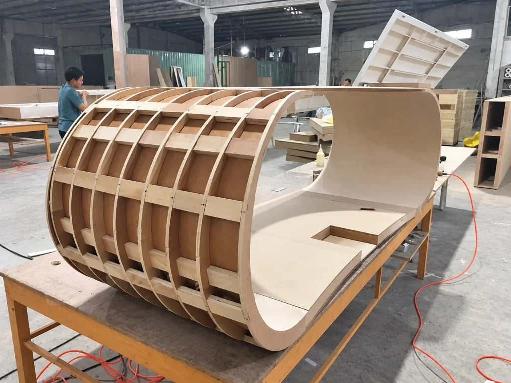 Google Desk plywood frame during production in a workshop