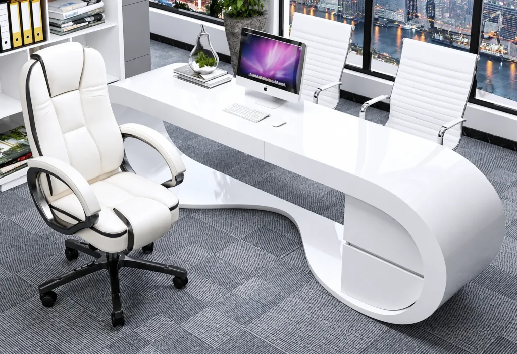 Google Desk in white with curved ends and white leather chairs